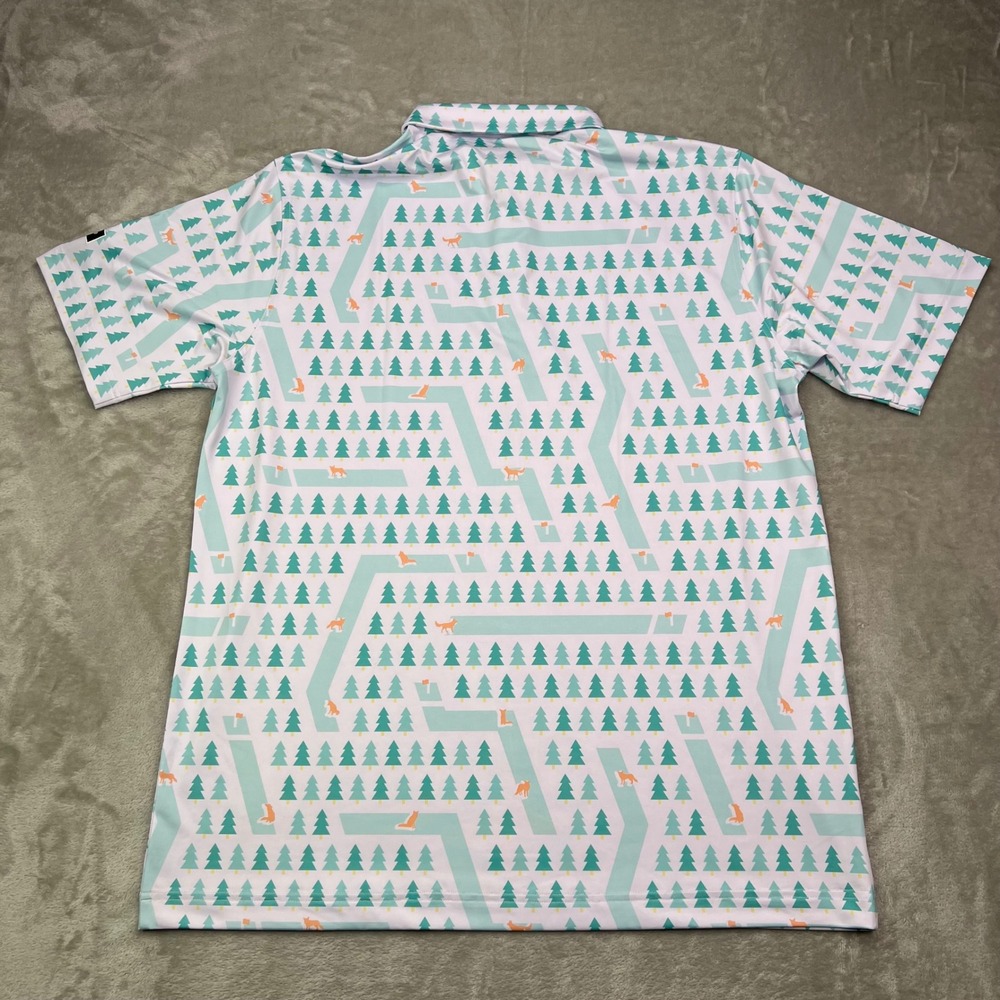 Waggle Fox Holes Polo Shirt Mens Large White Green Fox Print Stretch Performance - Picture 5 of 11